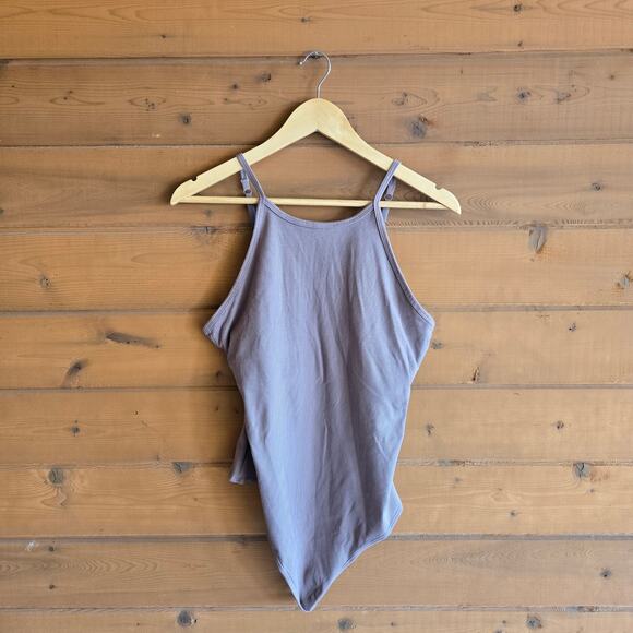 Girlfriend Collective Marlow Ribbed High Neck Bodysuit Fog XL Soft Stretch Thong - Picture 2 of 6